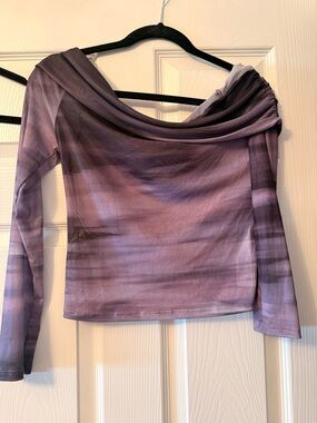 Off-Shoulder Draped Long-Sleeve Blouse in Lavender Tie-Dye